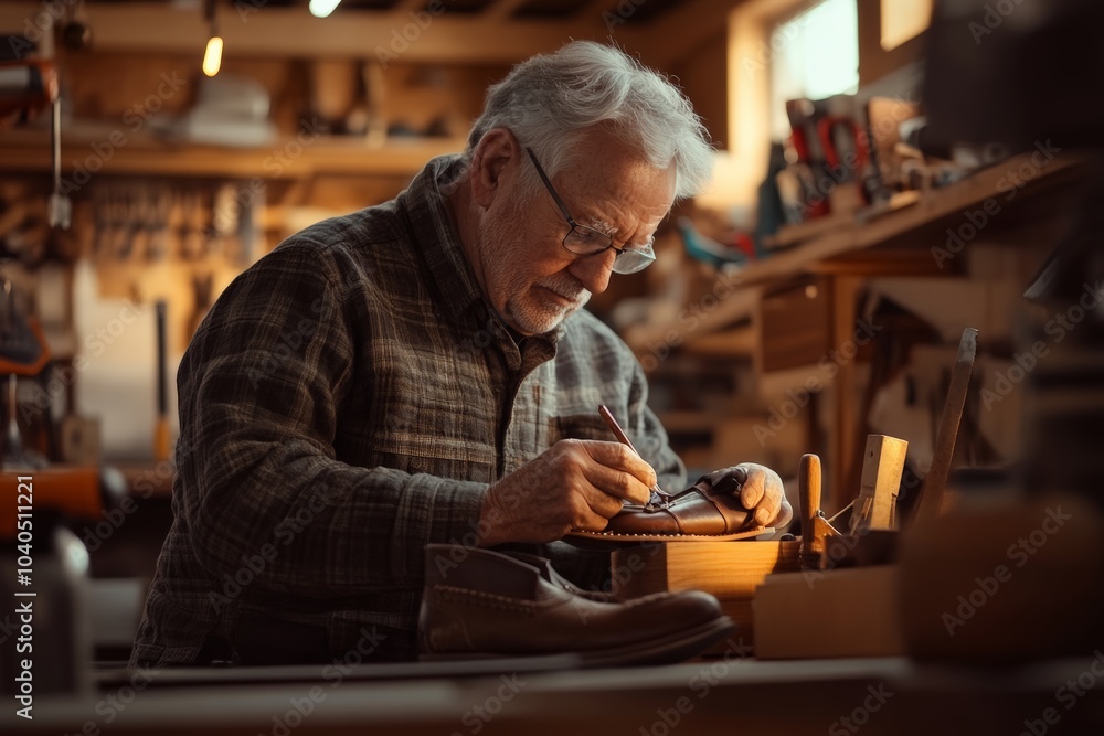 an elderly man with gray hair and glasses repairing shoes in a brightly lit workshop an elderly man with gray hair and glasses repairing shoes in a brightly lit workshop