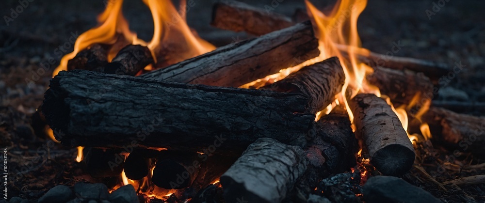 Fototapeta premium A close-up of a crackling campfire at dusk, with hands extended toward the flames for warmth, as the glow lights up the surrounding faces of friends gathered around