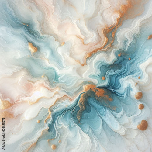 Abstract fluid art, swirling patterns, teal and copper tones, marble-like texture, ethereal cloudscape, liquid movement, organic shapes, soft blending, dreamy atmosphere, celestial inspired, paint pou photo