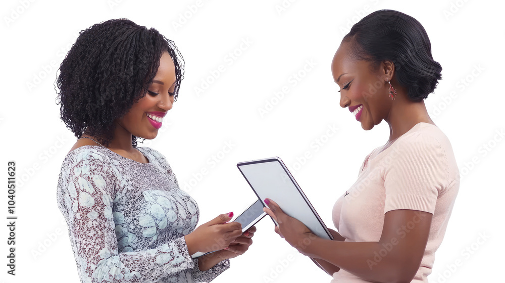 Happy African American Women Enjoying Tablets Together Indoors Generative AI Happy African American Women Enjoying Tablets Together Indoors Generative AI