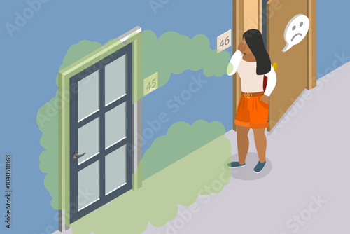 3D Isometric Flat Vector Illustration of Stinking Smell , Man Shields Nose From Neighbor Pungent Odor