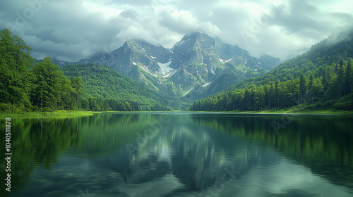 Serene lake reflects the majestic mountains and dense forests. The tranquil waters mirror the rugged peaks, while lush greenery lines its shore. A cloudy sky.