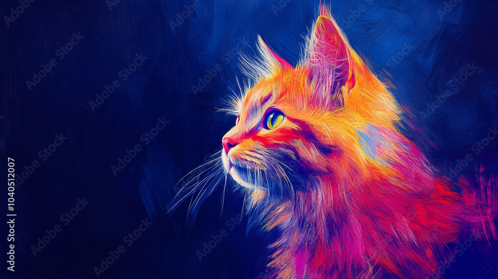 Abstract, artistic, neon-hued portrait of a Maine Coon cat in pop art style set against a deep blue background.
Abstract, artistic, neon-hued portrait of a Maine Coon cat in pop art style set against a deep blue background.