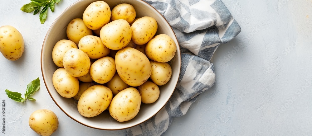 A bowl of freshly harvested new potatoes sits on a kitchen countertop with a towel nearby. Freshly harvested new potatoes in a bowl on a kitchen countertop. A bowl of freshly harvested new potatoes sits on a kitchen countertop with a towel nearby. Freshly harvested new potatoes in a bowl on a kitchen countertop.