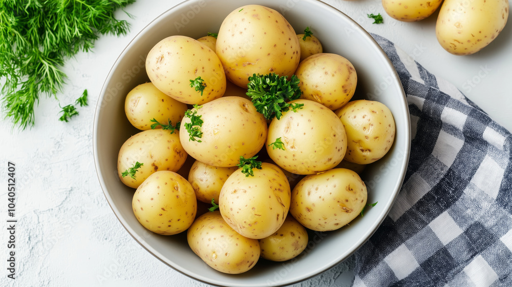 A bowl filled with small, golden potatoes garnished with fresh parsley, resting on a light surface with a towel, top view. A bowl filled with small, golden potatoes garnished with fresh parsley, resting on a light surface with a towel, top view.