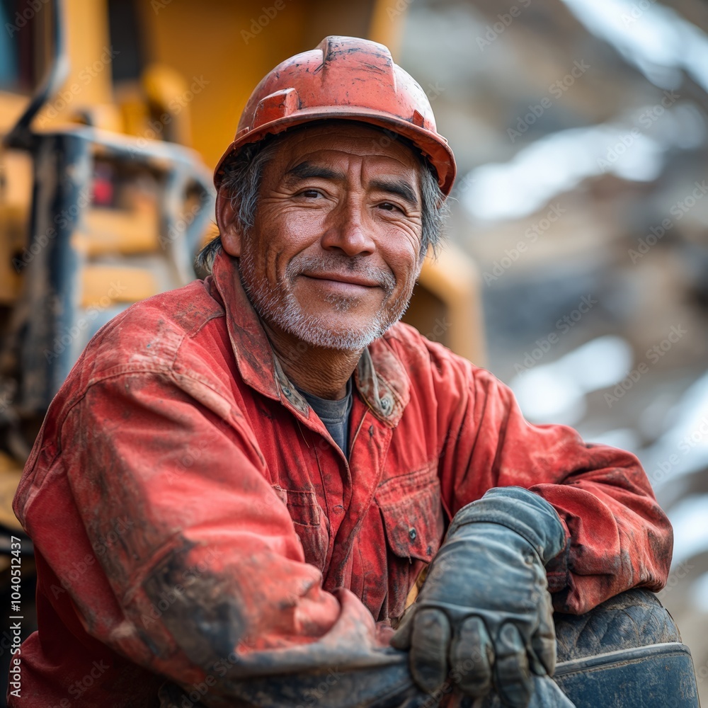 Construction worker in a red uniform and hard hat at a job site, leaning on heavy equipment
Construction worker in a red uniform and hard hat at a job site, leaning on heavy equipment