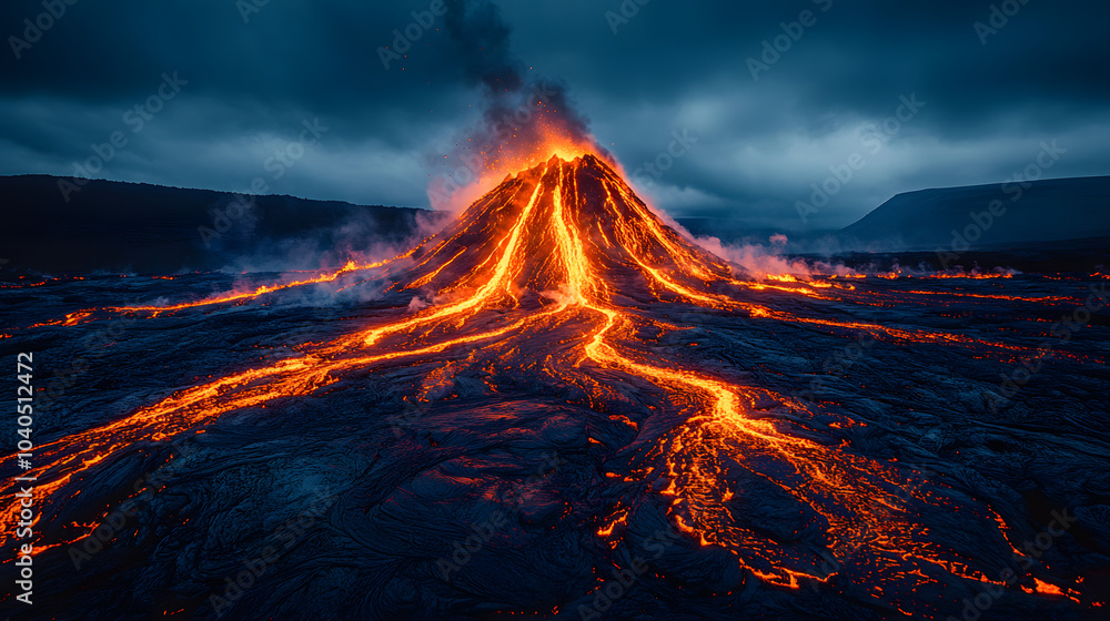 The Fiery Volcanic Mountain: A Luminous Beacon Amidst the Enveloping Darkness and Stormy Skies The Fiery Volcanic Mountain: A Luminous Beacon Amidst the Enveloping Darkness and Stormy Skies