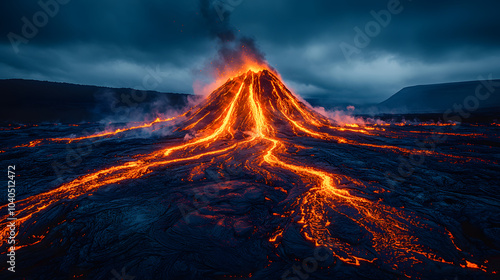 The Fiery Volcanic Mountain: A Luminous Beacon Amidst the Enveloping Darkness and Stormy Skies