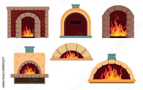 Set of stone ovens in cartoon style. Vector illustration of stoves of different shapes and sizes, fireplaces with fire isolated on white background. Thermal equipment for room heating and cooking.