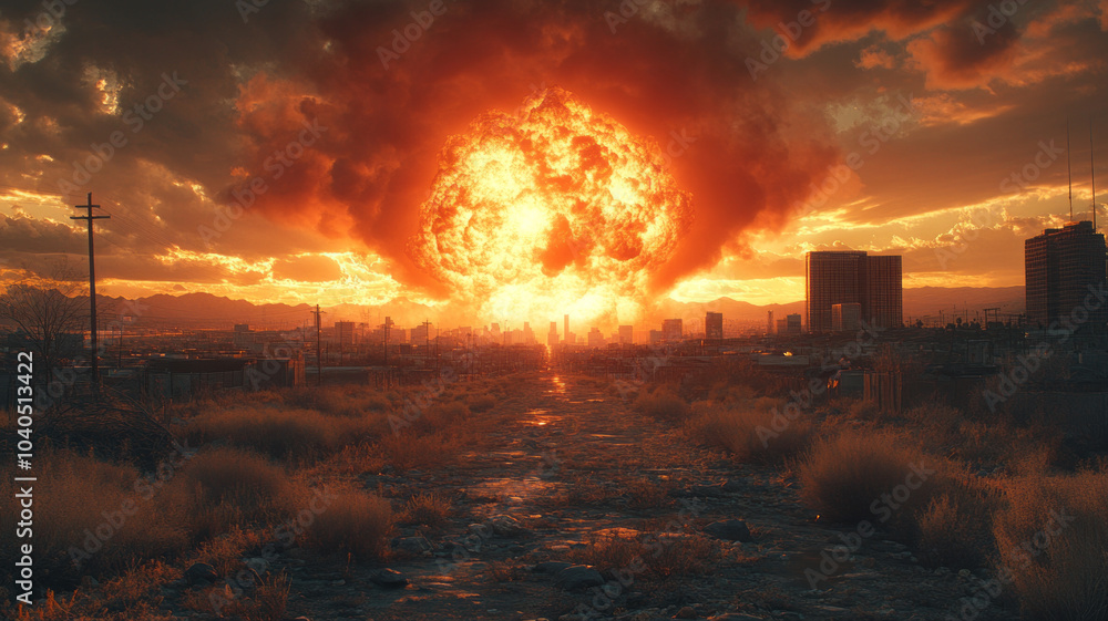 bright orange large nuclear explosion reaching the clouds. view from ground level. bright orange large nuclear explosion reaching the clouds. view from ground level.