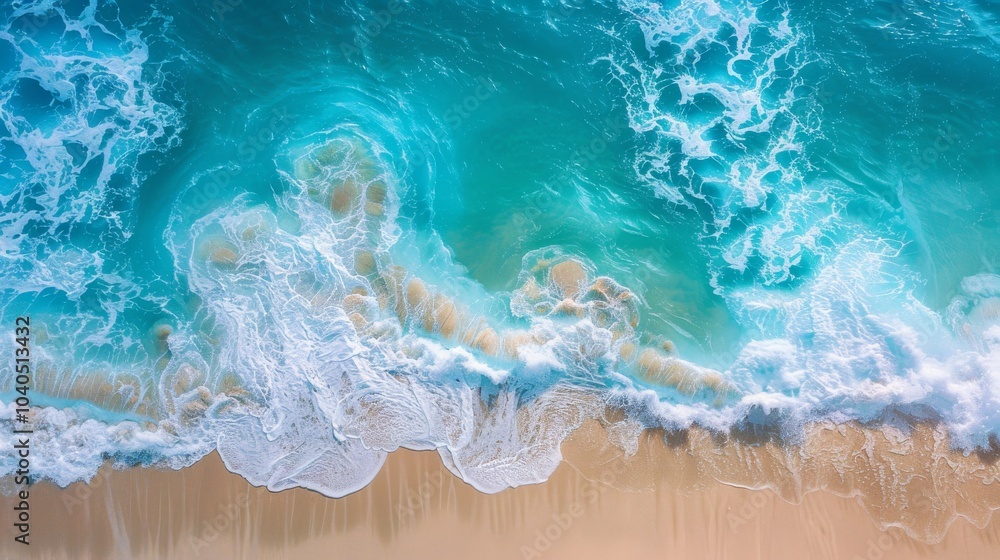 Aerial view of a stunning Mediterranean beach. The blue sea glistens under the sun, waves gently breaking on the shore. A serene and beautiful scene Aerial view of a stunning Mediterranean beach. The blue sea glistens under the sun, waves gently breaking on the shore. A serene and beautiful scene