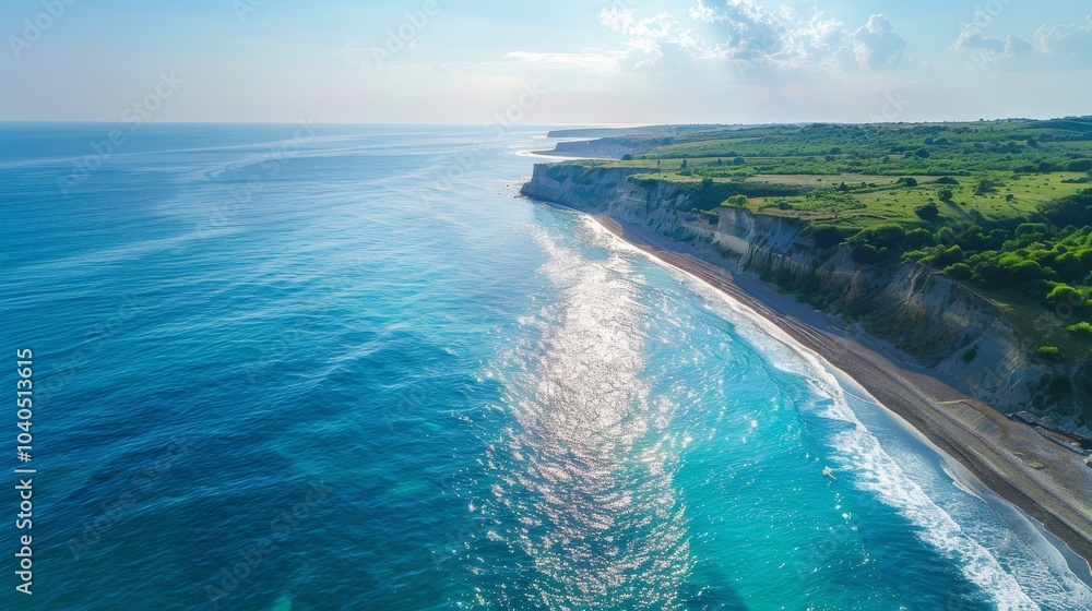 Fototapeta premium Aerial view of a stunning Mediterranean beach. The blue sea glistens under the sun, waves gently breaking on the shore. A serene and beautiful scene