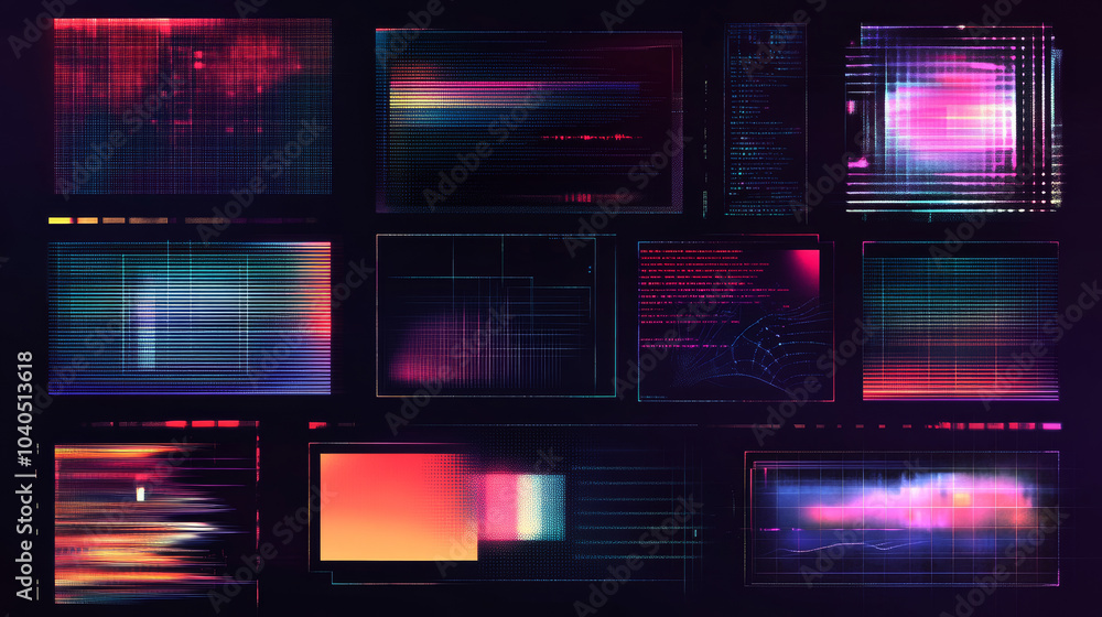 Digital decay elements featuring television glitch effects, screen white noise, and censored textures. Includes geometric dark and bright glitches, along with a pixel error vector set.
Digital decay elements featuring television glitch effects, screen white noise, and censored textures. Includes geometric dark and bright glitches, along with a pixel error vector set.