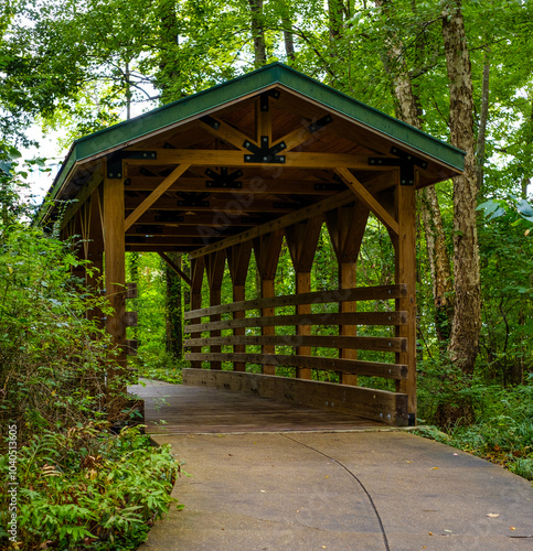 Foto covered wooden pedestrian bridge in the woods
