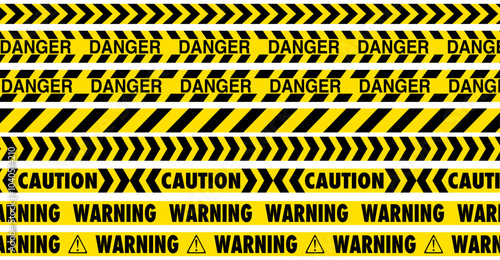 A digital rendering of caution tape. The yellow and black striped tape is marked with repeated warnings of "DANGER", "CAUTION", and "WARNING" along with directional arrows.