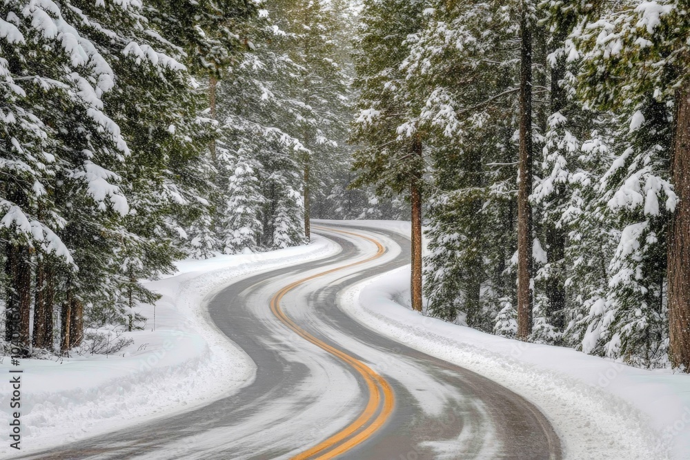 A snow-covered road gracefully winds through a serene forest, flanked by trees heavily laden with snow, creating a tranquil and picturesque winter landscape setting. A snow-covered road gracefully winds through a serene forest, flanked by trees heavily laden with snow, creating a tranquil and picturesque winter landscape setting.