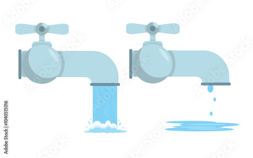 Set of water taps in cartoon style. Vector illustration of faucets with handles with different water flow:strong stream and drops dripping isolated on white background. Piping system for water supply.