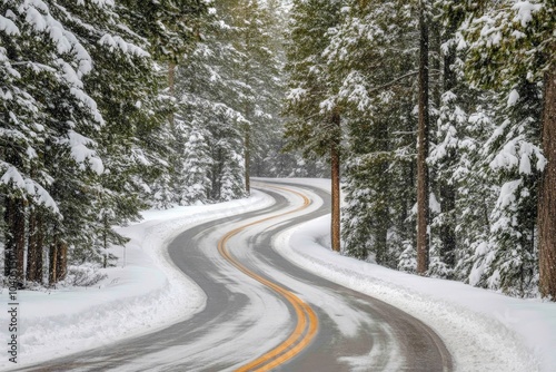 A snow-covered road gracefully winds through a serene forest, flanked by trees heavily laden with snow, creating a tranquil and picturesque winter landscape setting.