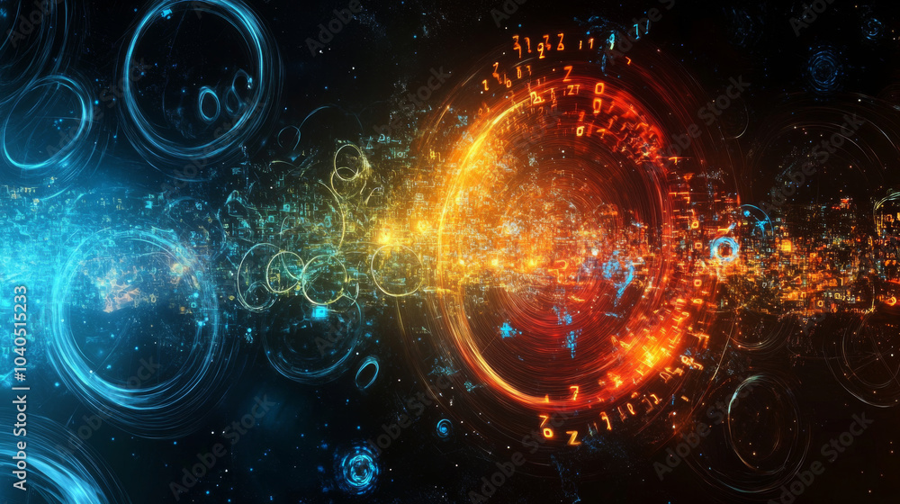 Fototapeta premium Digital Splash series showcasing a backdrop composed of numbers, gradients, and fractal elements, ideal for projects related to mathematics, computers, science, and modern technologies.