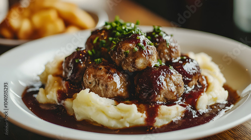 A photo of Swedish meatballs, served with mashed potatoes, lingonberry sauce, and gravy, shot with a telephoto lens