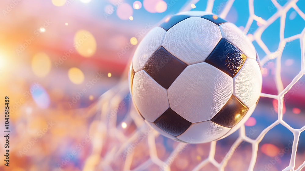 Fototapeta premium A soccer ball breaking through the goal net during an exciting moment in a match. The soccer ball is in the air.