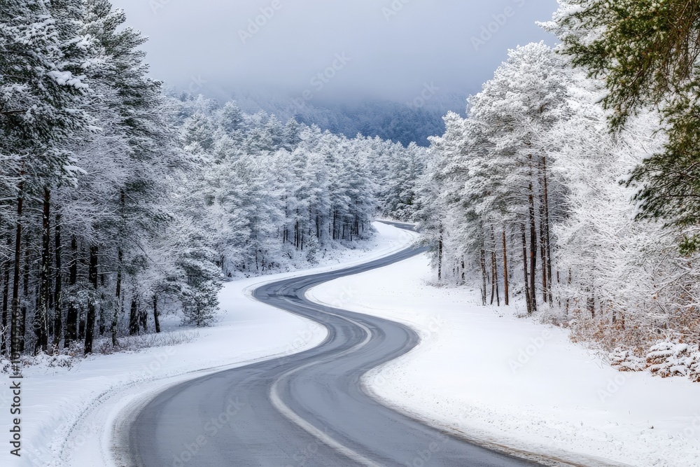 A smooth road meanders through a snow-laden forest, with rows of frosted trees creating a mesmerizing winter scene enveloped in silence and peacefulness. A smooth road meanders through a snow-laden forest, with rows of frosted trees creating a mesmerizing winter scene enveloped in silence and peacefulness.