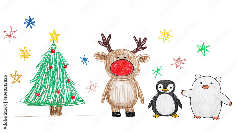 Hand-drawn christmas scene with reindeer, penguin, polar bear, and decorated tree, isolated on transparent background