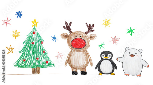 Obraz na płótnie Hand-drawn christmas scene with reindeer, penguin, polar bear, and decorated tree, isolated on transparent background w salonie