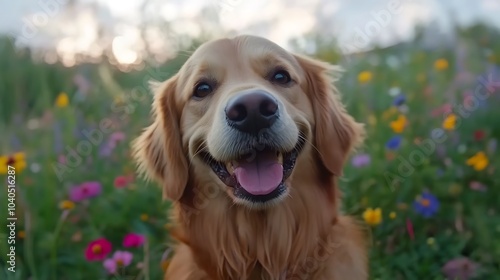 A close-up of a golden retriever with a happy expression, sitting in a field of wildflowers