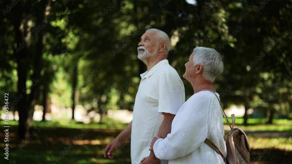 Side view of cheerful senior couple enjoying relaxing walk in green park, holding hands and basking in summer sun, embodying togetherness and healthy aging with joy and contentment, slow motion. Side view of cheerful senior couple enjoying relaxing walk in green park, holding hands and basking in summer sun, embodying togetherness and healthy aging with joy and contentment, slow motion.