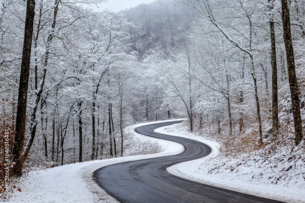 A scenic, winding road covered in snow weaves through a tranquil forest landscape, with frosty trees lining the path, evoking a peaceful, winter wonderland scene. A scenic, winding road covered in snow weaves through a tranquil forest landscape, with frosty trees lining the path, evoking a peaceful, winter wonderland scene.