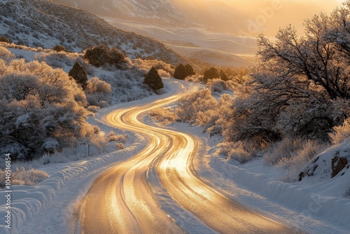 A scenic road winds through snow-covered hills, bathed in the warm glow of golden hour light. This image captures the beauty and serenity of winter travel.