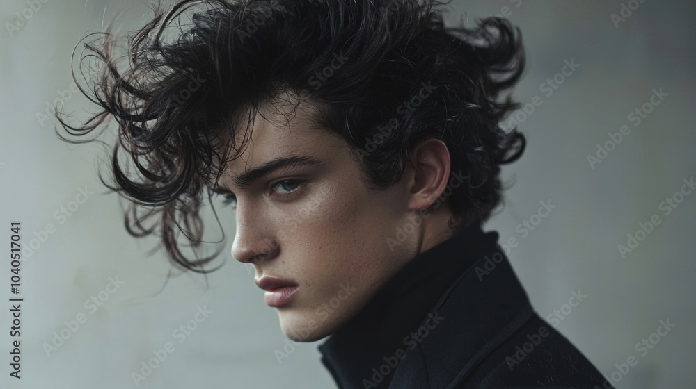 Side view to Fashion trendy young man silver futuristic portrait over gray. Side view to Fashion trendy young man silver futuristic portrait over gray.