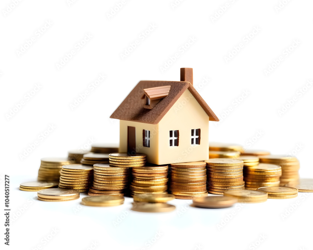 house model and coins on white background. real estate and investment concept. house model and coins on white background. real estate and investment concept.