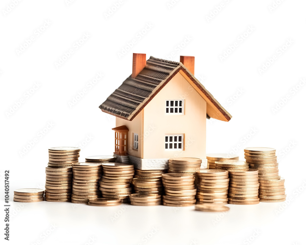 house model and coins on white background. real estate and investment concept. house model and coins on white background. real estate and investment concept.