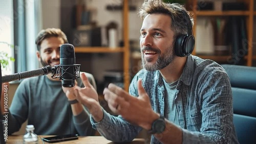 Men broadcast on the radio studio