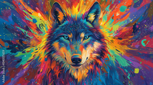 Colorful Wolf Portrait with Abstract Background Artistic Animal Artwork