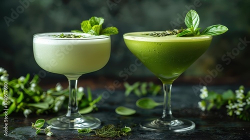 There are two green non-alcoholic cocktails with the taste of green apple on the bar photo