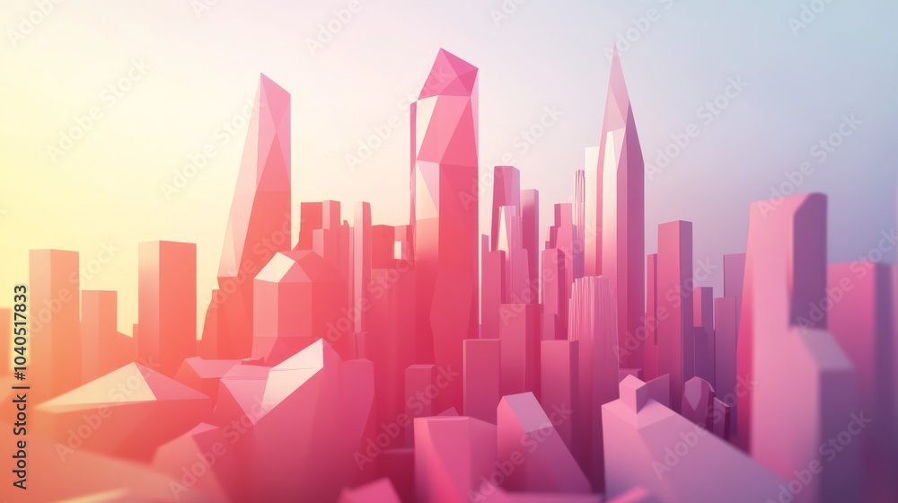 3D abstract cityscape with a low-poly design, showing an innovative architectural layout of skyscrapers in a futuristic urban environment. 3D abstract cityscape with a low-poly design, showing an innovative architectural layout of skyscrapers in a futuristic urban environment.