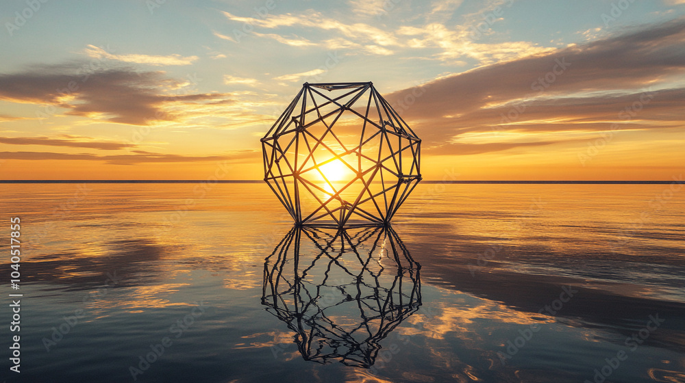 Geometric Sculpture Sunset Reflection in Calm Ocean Water Geometric Sculpture Sunset Reflection in Calm Ocean Water