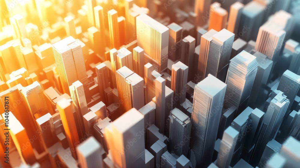 Obraz premium 3D abstract cityscape with a low-poly design, showing an innovative architectural layout of skyscrapers in a futuristic urban environment.