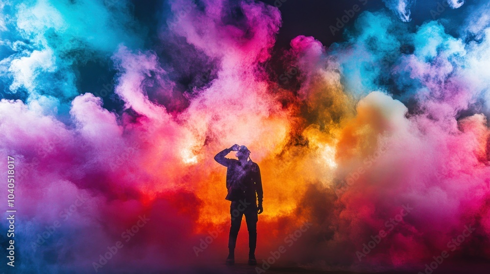 Silhouette of a Man Standing in Front of a Colorful Smoke Wall Silhouette of a Man Standing in Front of a Colorful Smoke Wall