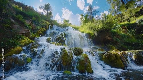 A cascading waterfall in the Himalayan foothills, surrounded by lush greenery and vibrant moss-covered rocks
