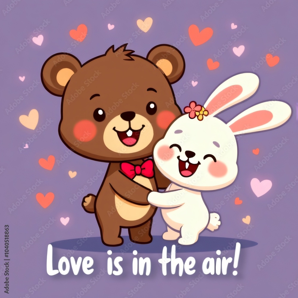 Kawaii Bear and Rabbit Couple Valentine's Day Design Kawaii Bear and Rabbit Couple Valentine's Day Design