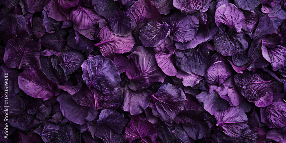 Purple cabbage is chaotically arranged in a pile, completely covering the background. The rich purple color and textured leaves create a contrasting and bright background. Purple cabbage is chaotically arranged in a pile, completely covering the background. The rich purple color and textured leaves create a contrasting and bright background.