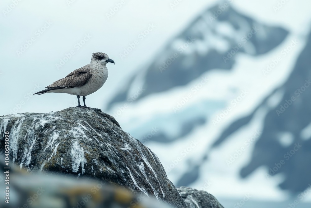 In this striking image, a bird surveys its surroundings, perched on a rugged rock with towering snowy peaks in the background, combining nature's raw power and beauty. In this striking image, a bird surveys its surroundings, perched on a rugged rock with towering snowy peaks in the background, combining nature's raw power and beauty.