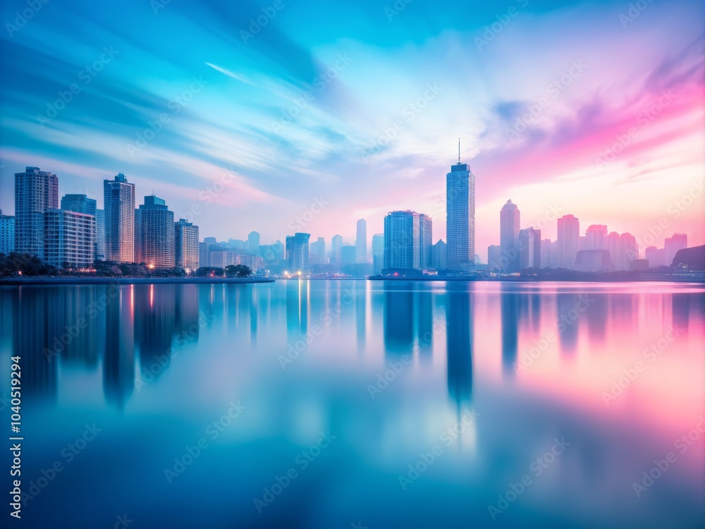 Fototapeta premium Serene Blue and Pink Urban Skyline with Reflection