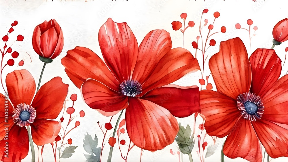 Obraz premium Watercolor flowers painted on a soft red background, featuring delicate blooms and leaves created with fluid, artistic brush stroke.The flowers have a dreamy,translucent quality,pastel backdrop