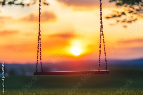 A solitary swing suspended at sunset in a peaceful park, capturing a tranquil scene as the sun sets behind rolling hills, representing calm and reflection.