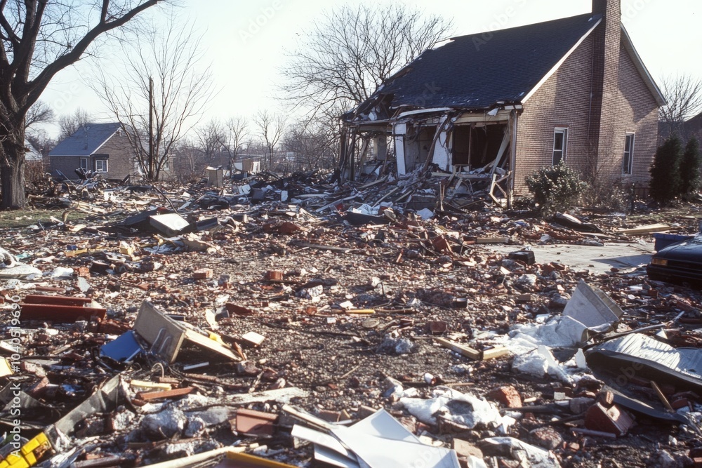A street filled with debris and damaged brick houses reflects the aftermath of a destructive event, with signs of life amidst the chaos and ruined structures. A street filled with debris and damaged brick houses reflects the aftermath of a destructive event, with signs of life amidst the chaos and ruined structures.